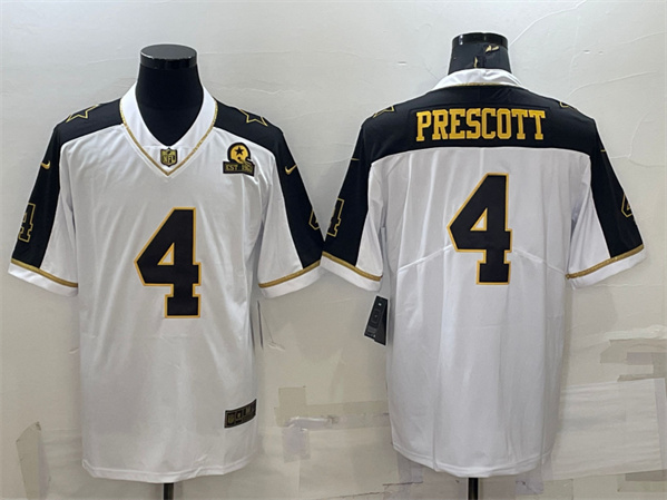 Men's Dallas Cowboys #4 Dak Prescott White Gold With 1960 Patch Thanksgiving Vapor Untouchable Limited Stitched Football Jersey